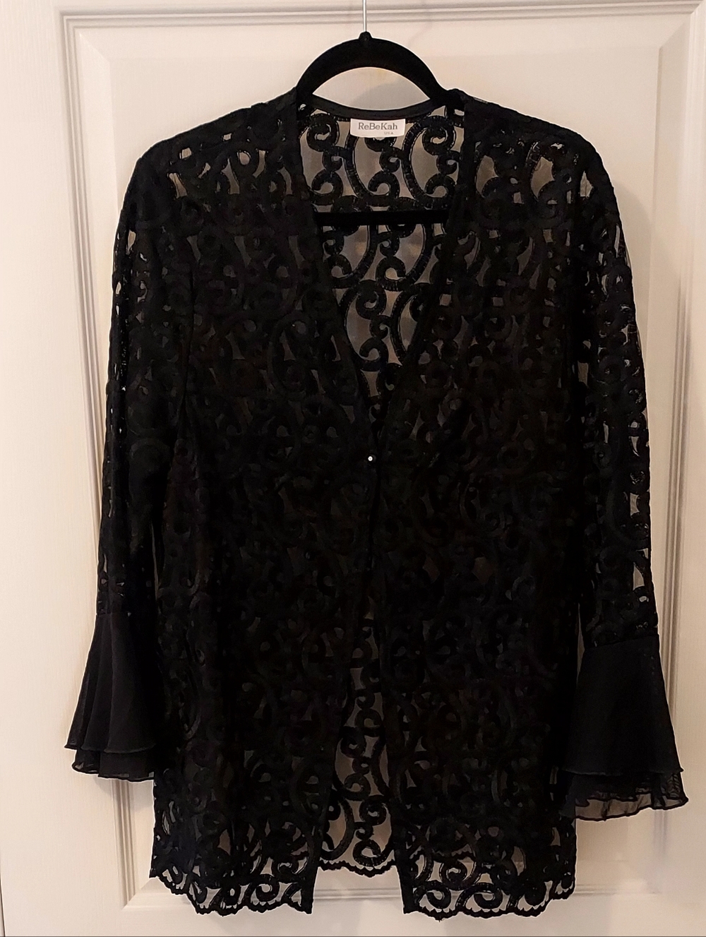 RebeKah Black Ladies Lace Overlay Cover Up W Beautiful Button Closure New No Tag